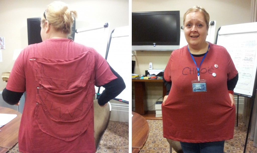 When Redcloaks get creative: When our jackets didn't materialise, former redcoat Andrew Reid kindly picked us up some t-shirts - which we promptly customised. Here Chloe model some alternative uses for those spare sleeves.