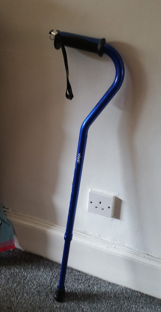 A royal blue walking cane.