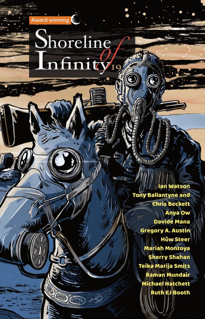 The cover of Shoreline of Infinity 19. A masked and goggled man with a shotgun rides a masked and goggled horse