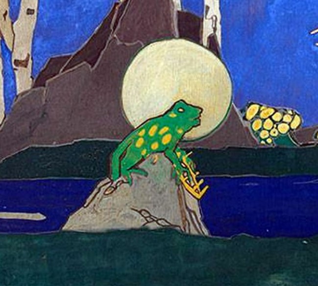 A detail from Jessie Marion King's The Frog Prince (1913) - a green frog holding a golden crown sits on a rock. His head is haloed in what looks like moonlight.
