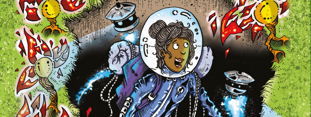 The cover of Shoreline of Infinity 23: A black girl astronaut emerges from a hole in space into a grassland with flaming flowers.