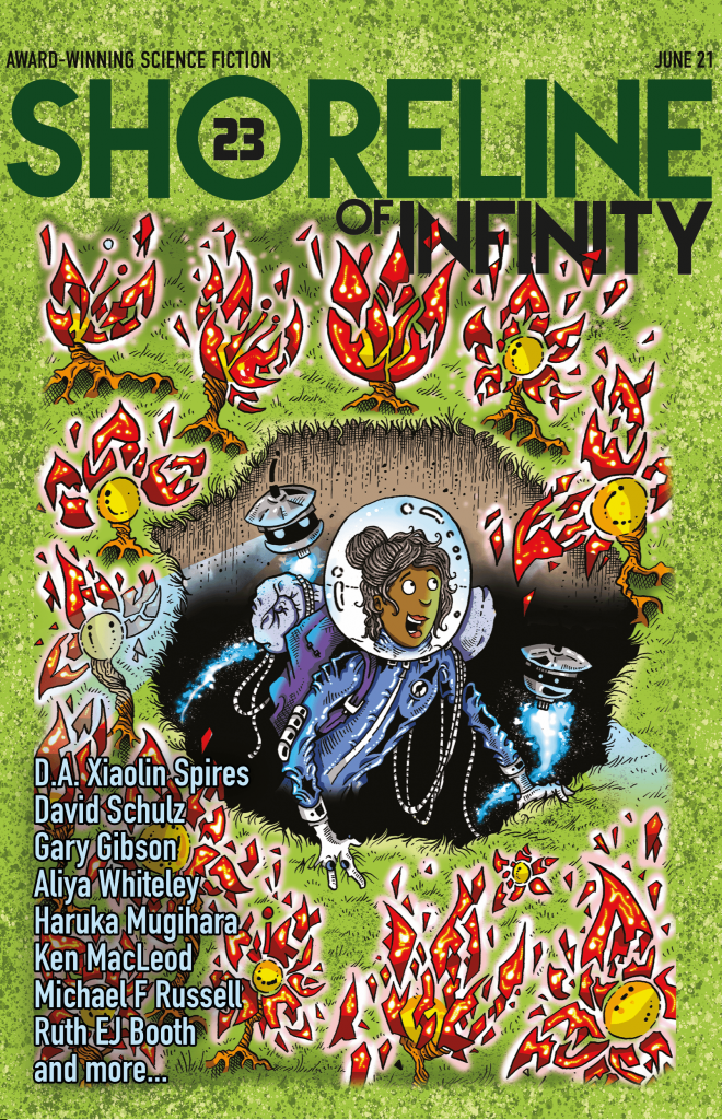 The cover of Shoreline of Infinity 23: A black girl astronaut emerges from a hole in space into a grassland with flaming flowers.