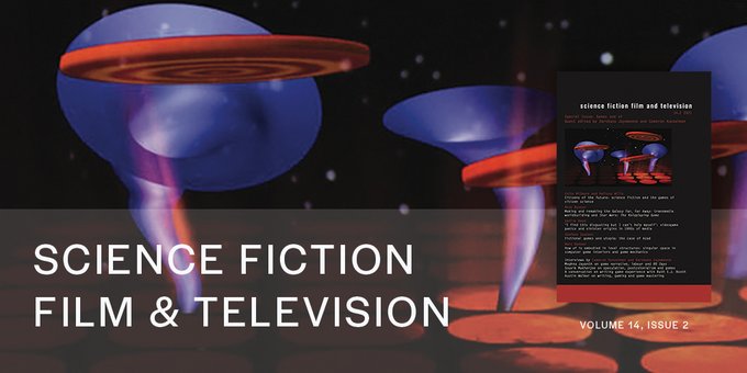 An abstract image of purple trumpet-like shapes and orange discs whirl on a black background spotted with white circles. White text reads: Science Fiction Film & Television.