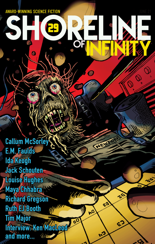 The cover of Shoreline of Infinity 29 - scene inside a spaceship cockpit. A zombie pilot called Newton cries in terror as his ship speeds through space.