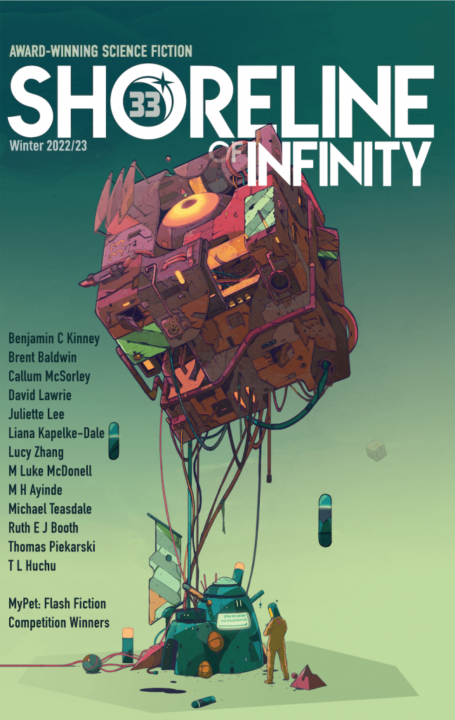 The cover of Shoreline of Infinity 33 - a machine-driven balloon made of spare parts of machines