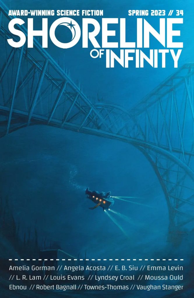The cover of Shoreline of Infinity 34 - a submarine swims under a submerged iron framework bridge.