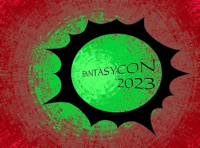 The Fantasycon 2023 logo. The background is a red and green sun pattern, while the foreground is a black sun outline with the words Fantasycon 2023 in it.